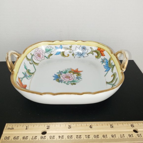 Hand Painted Nippon 2 Handle Candy Dish Pink Flowers Imported by Morimura Bros. - Picture 3 of 5